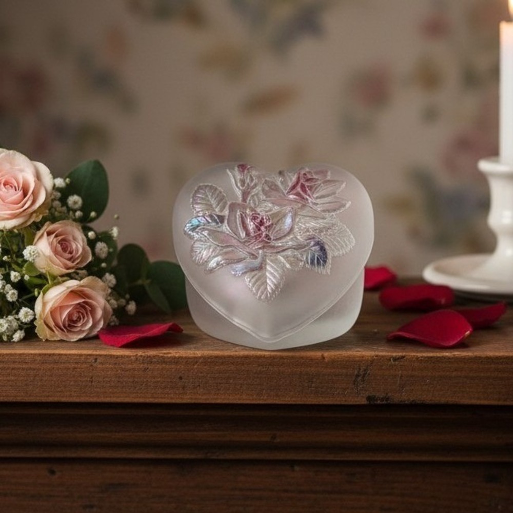 Studio Nova Heart Shaped Trinket Box, Frosted Glass Dish, Embossed Pink Roses